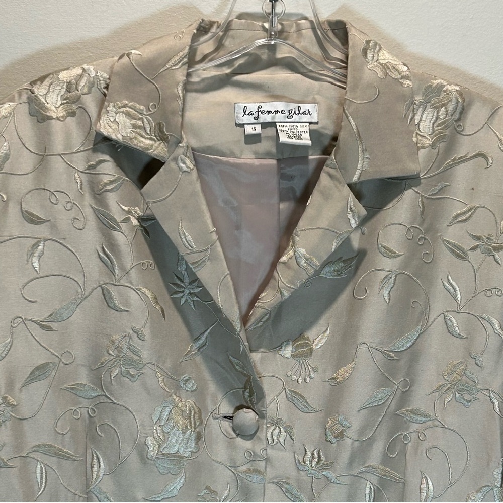 La Femme Cream Silk Midi Coat Fully Lined Covered with Embroidery - Size 14 - Picture 4 of 10